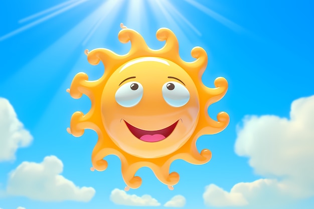 無料写真 空の背景を持つ 3 d のスマイリーと幸せな太陽のビュー