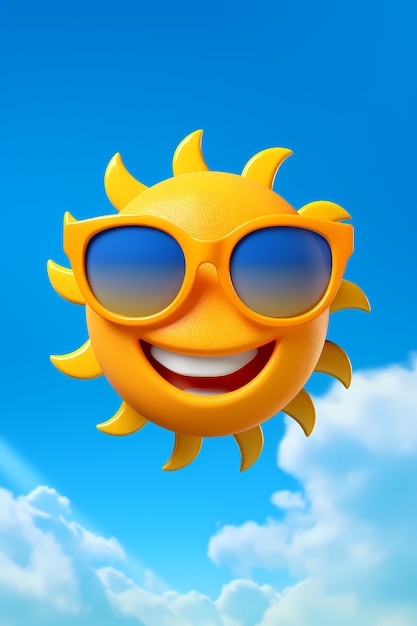 Бесплатное фото Вид на 3d смайлик и счастливое солнце на фоне неба