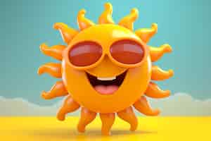 Бесплатное фото Вид на 3d смайлик и счастливое солнце на желтом фоне