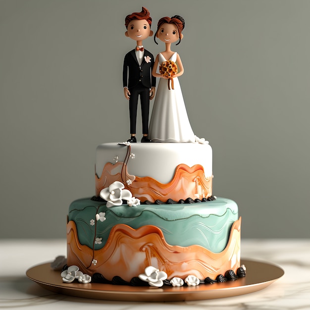 Бесплатное фото Вид 3d свадебного торта с украшениями и украшениями