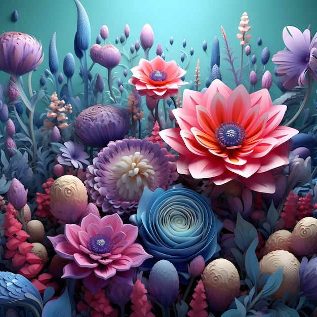 Бесплатное фото Вид на абстрактный трехмерный мистический пейзаж с цветами