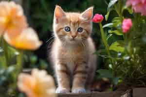 Бесплатное фото Взгляд на очаровательного котенка с цветами