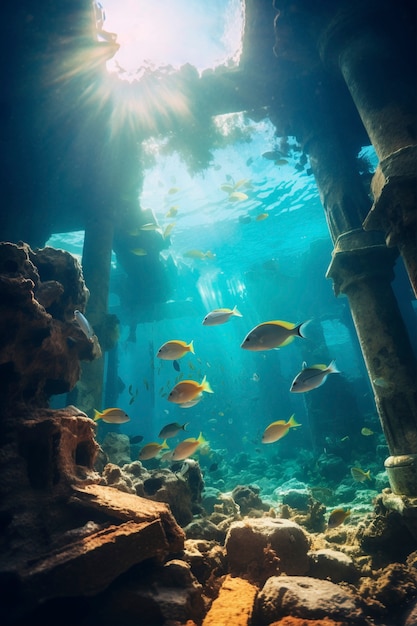 無料写真 海洋生物と魚がいる考古学的水中建物遺跡の眺め