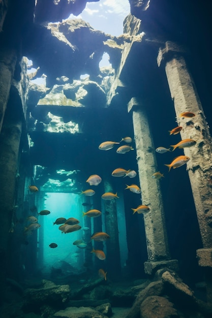 無料写真 海洋生物と魚がいる考古学的水中建物遺跡の眺め