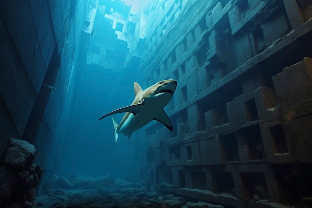 Бесплатное фото Вид на руины археологических подводных зданий с морскими существами