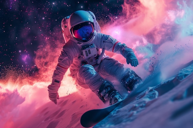무료 사진 우주복 을 입은 우주인 이 달 에서 스노우보드 를 타고 있는 모습