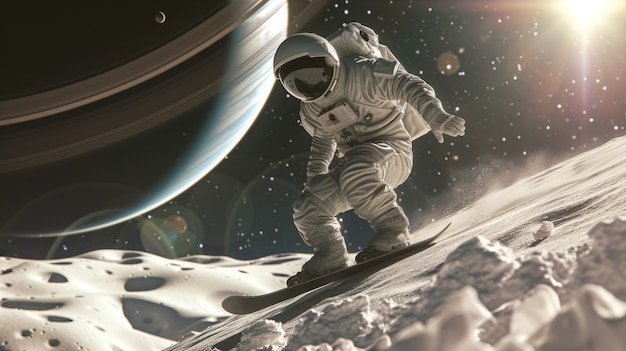 Бесплатное фото Вид астронавта в космическом костюме, катающегося на сноуборде на луне