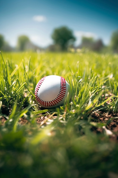 Бесплатное фото Вид бейсбольного мяча на траве