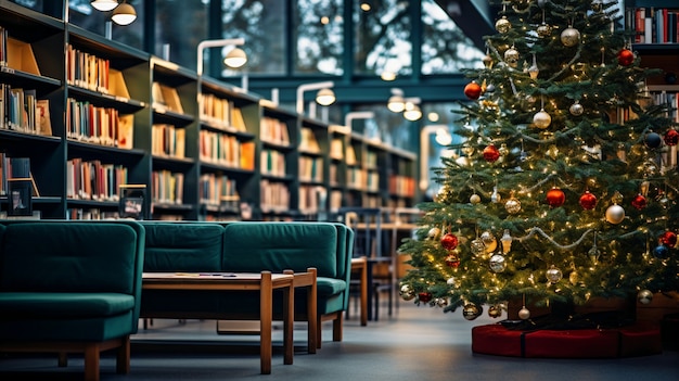 無料写真 図書館で美しく装飾されたクリスマス ツリーの眺め