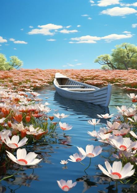 無料写真 花がいている水上のボートの景色