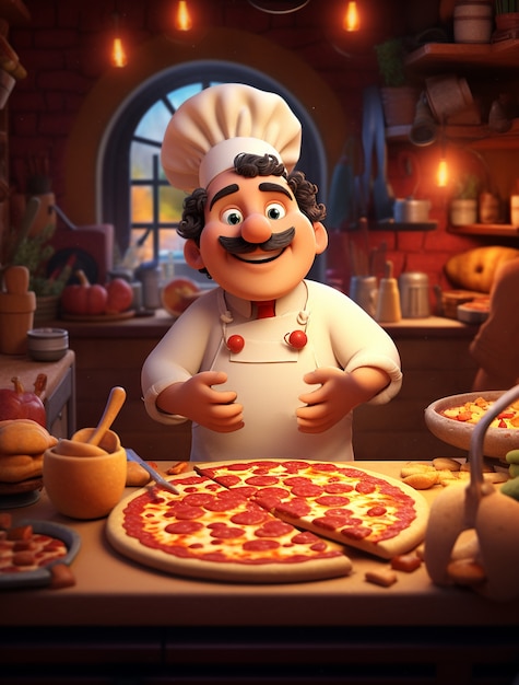Бесплатное фото Вид шеф-повара из мультфильма с вкусной 3d-пиццей