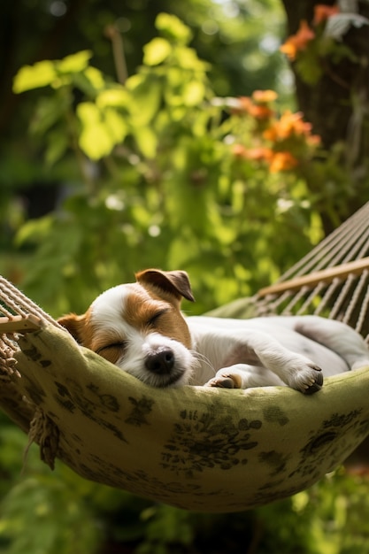 無料写真 ハンモックで寝ているかわいい犬の眺め