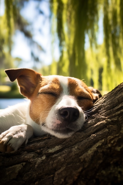 무료 사진 자연 속에서 야외에서 자는 귀여운 강아지의 모습