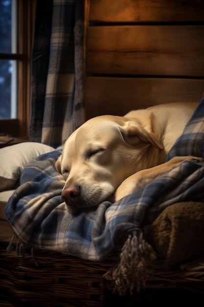 Бесплатное фото Вид милой собаки, мирно спящей дома
