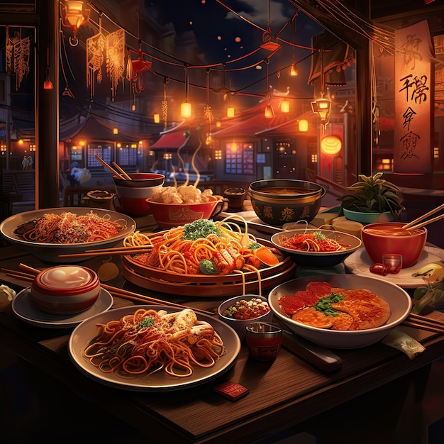 무료 사진 애니메이션 스타일 의 재결합 저녁 식사 를 위한 맛있는 음식 의 모습
