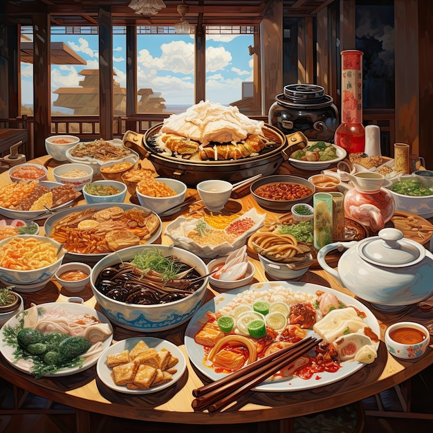 無料写真 アニメスタイルの再会ディナーの美味しい食べ物の景色