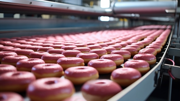 Бесплатное фото Вид на вкусные глазурные пончики на фабрике