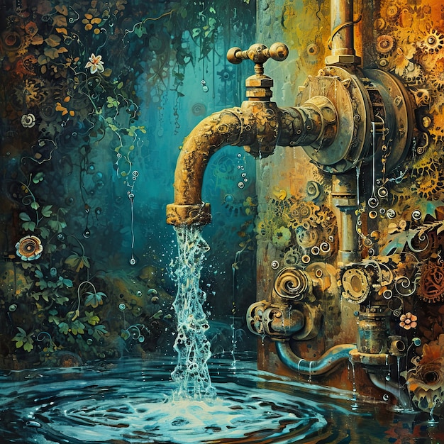 無料写真 世界水の日に関する意識を高めるために超現実的な水道の水栓を備えたファンタジー景色の景色