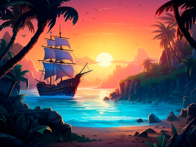 無料写真 ファンタジー海賊船の景色