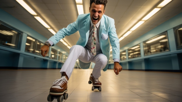 무료 사진 롤러 스케이트 를 타고 있는 재미 있는 사업가 의 모습
