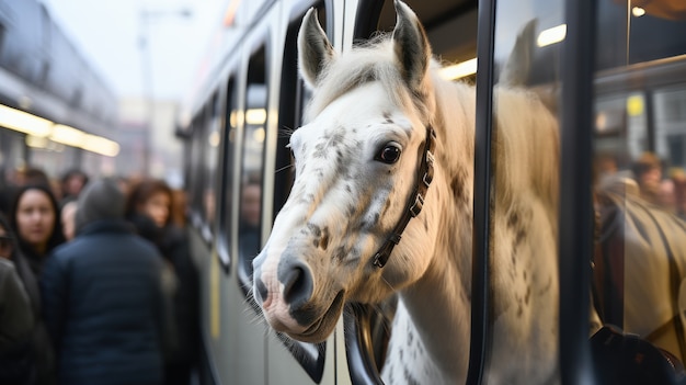 Бесплатное фото Вид смешной лошади в общественном транспорте