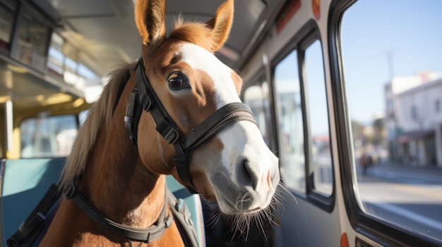 Бесплатное фото Вид смешной лошади в общественном транспорте
