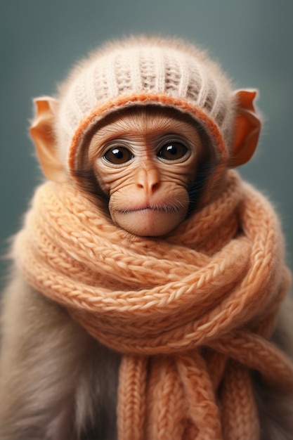 Бесплатное фото Вид смешной обезьяны с вязаной шляпой