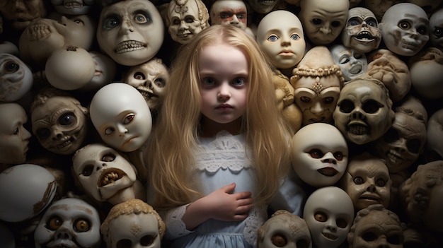 Бесплатное фото Вид девушки в окружении страшных кукол