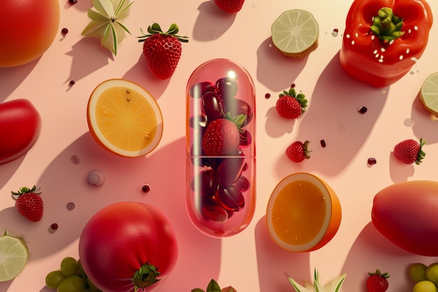 Бесплатное фото Вид здоровой пищи, помещенной в емкость в форме таблетки