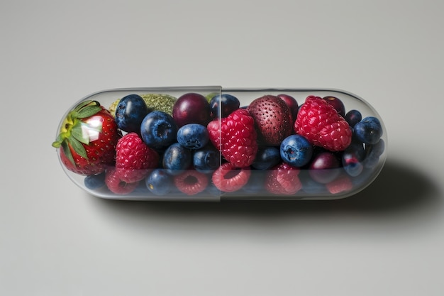 Бесплатное фото Вид здоровой пищи, помещенной в емкость в форме таблетки