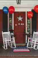 무료 사진 독립 의 날 축하 를 위해 미국 국기 색상 으로 장식 된 집 의 모습