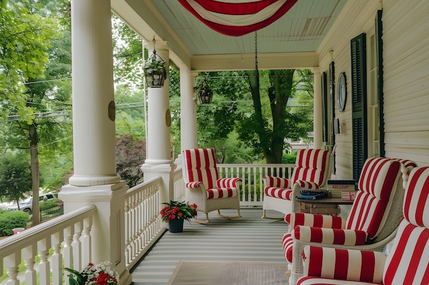 Бесплатное фото Вид дома, украшенного цветами американского флага, украшениями для празднования дня независимости
