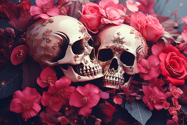 無料写真 花と人間の骨格の頭蓋骨のビュー