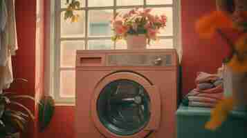 Бесплатное фото Вид прачечной с стиральной машиной и ретро-цветами
