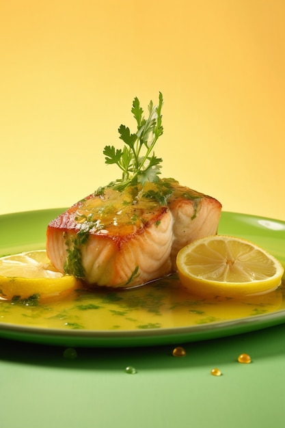 Бесплатное фото Вид на рыбное блюдо махи-махи с ломтиками лимона