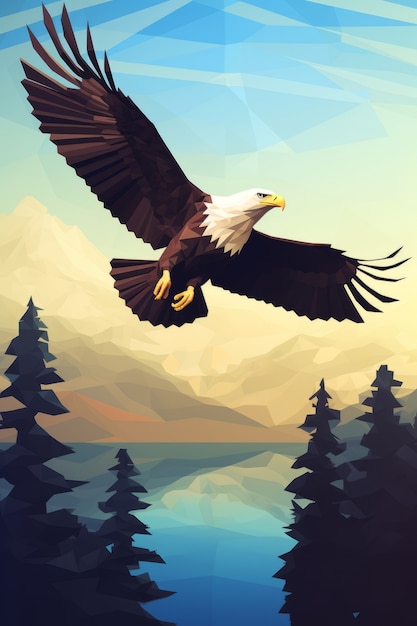 Бесплатное фото Вид на величественного трехмерного орла, летящего над природным ландшафтом