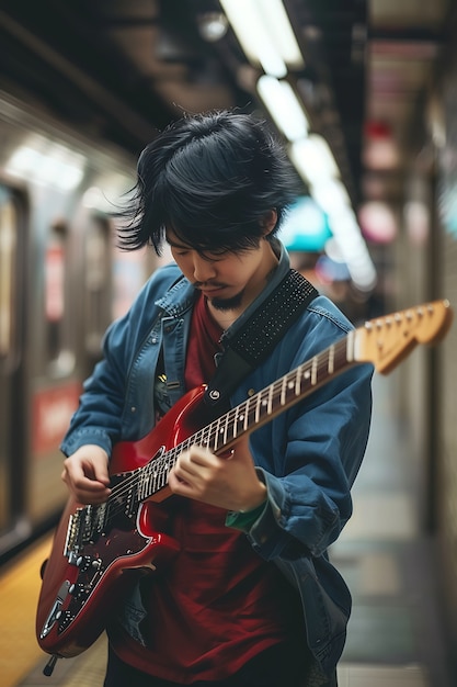 無料写真 電気ギターを演奏する男の景色