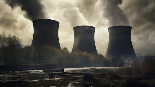 無料写真 プロセスから蒸気を放出するタワーを持つ原子力発電所の景色