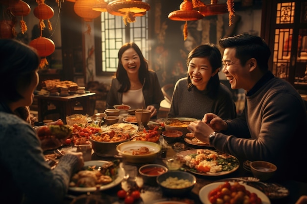 Бесплатное фото Вид людей, присутствующих на китайском новогоднем ужине.