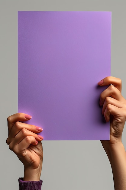 Бесплатное фото Вид человека, держащего пустой фиолетовый плакат для празднования дня женщин