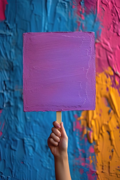 Бесплатное фото Вид человека, держащего пустой фиолетовый плакат для празднования дня женщин
