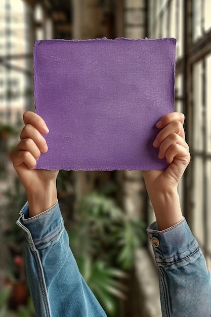 無料写真 女性の日を祝うために白い紫色のプラカードを掲げている人
