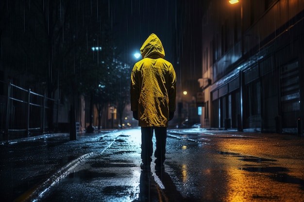 Бесплатное фото Вид человека в желтом плаще на страшной улице ночью