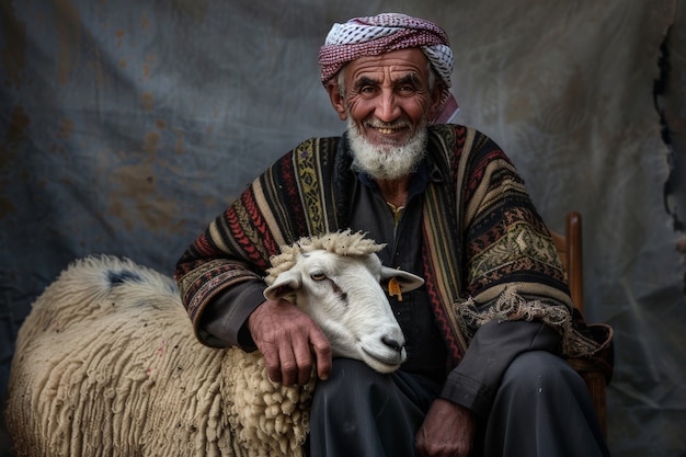 Бесплатное фото view of photorealistic muslim people with animals prepared for the eid al-adha offering