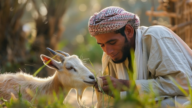 무료 사진 view of photorealistic muslim people with animals prepared for the eid al-adha offering