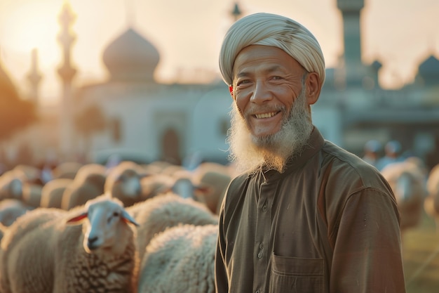 Бесплатное фото Фотореалистичный взгляд на мусульман с животными, приготовленными для жертвоприношения на эйд-аль-адха