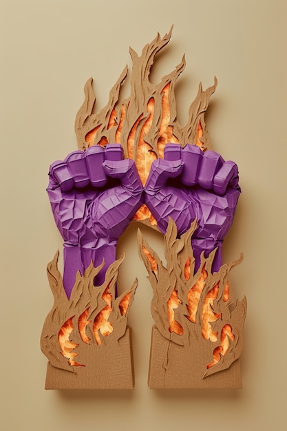 Бесплатное фото Вид фиолетовых кулаков с огнем на празднование дня женщины