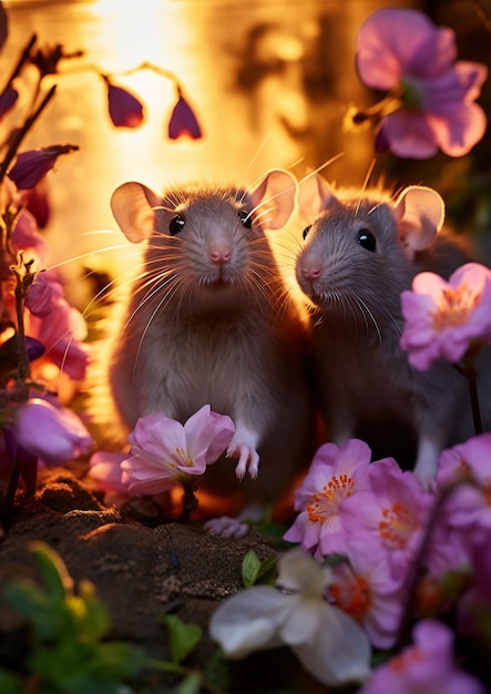 Бесплатное фото Вид крыс с цветами