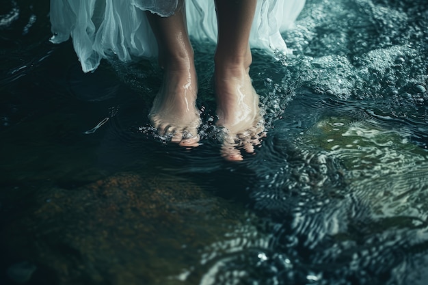 무료 사진 은 흐르는 물 을 만지는 현실적 인 발 의 모습