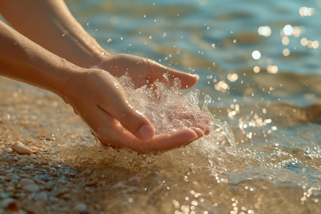 透明な流れる水に触れる現実的な手の姿